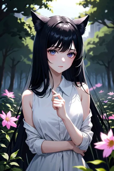 epic, (dark shot:1.4), vignette, mysterious, a portrait of girl, cat ears, beautiful, small breasts, slender, thin, narrow waist, flowers hair ornament, extreamly long hair, bangs, pale skin, detailed eyes, school uniform, pink flowers, trees, glowing, unreal engine, 8k, highly detailed, sharp focus, symetrical, octane render, 35mm, 9:16, hdr, (intricate details, hyperdetailed:1.15), (natural skin texture, soft light, sharp:1.2)