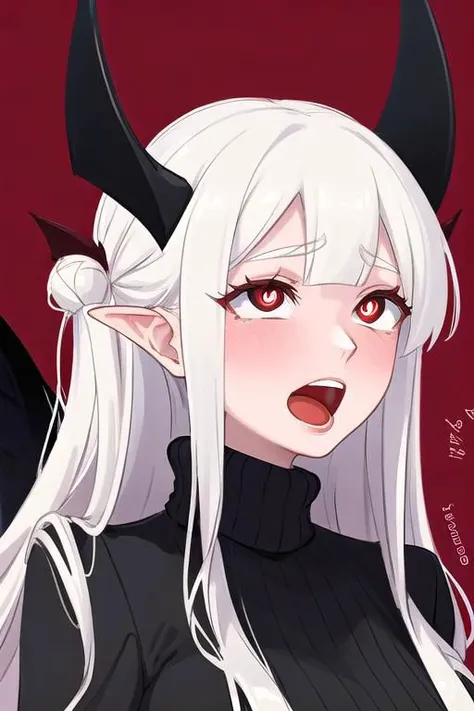 masterpiece, best quality, modeus(helltaker), drooling, formal, black horns, large breasts, open mouth, simple background, red eyes, long sleeves, symbol-shaped pupils, upper body, solo, sweater, white hair, black suit, ribbed sweater, blush, turtleneck, 1girl, heart, jacket, demon horns, horns, heart-shaped pupils, red sweater, red background, looking at viewer, own hands together, suit, demon girl