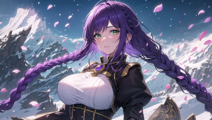 masterpiece, best quality, 1girl, solo, green eyes, purple hair, side braid, underbust, large breasts, (upper body), straight-on, looking at viewer, (snow mountains, petals), cinematic lighting, professional shadow <lora:Vibrance:0.15>