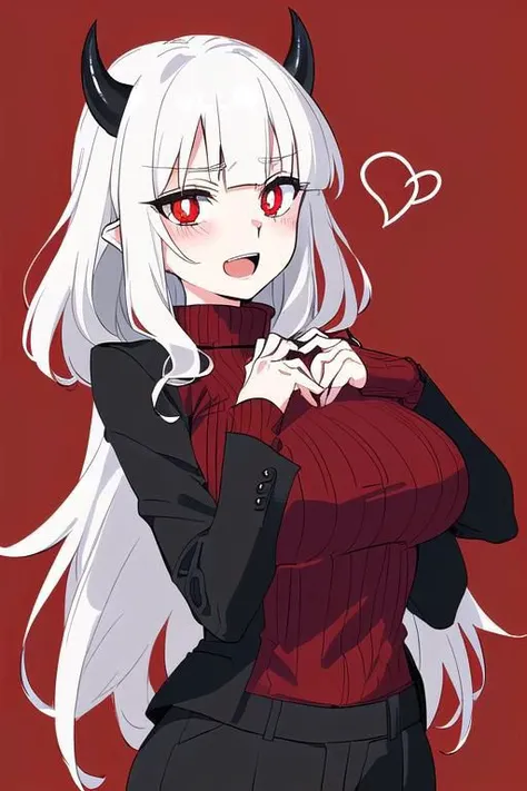 masterpiece, best quality, modeus(helltaker), drooling, formal, black horns, large breasts, open mouth, simple background, red eyes, long sleeves, symbol-shaped pupils, upper body, solo, sweater, white hair, black suit, ribbed sweater, blush, turtleneck, 1girl, heart, jacket, demon horns, horns, heart-shaped pupils, red sweater, red background, looking at viewer, own hands together, suit, demon girl, anime