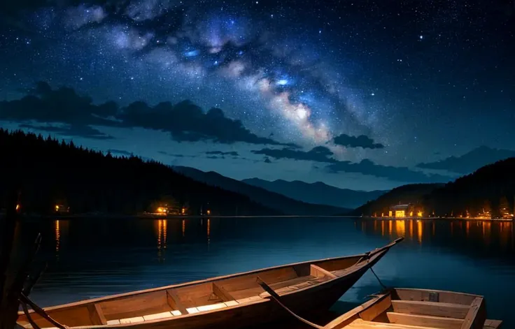 masterpiece, best quality, aesthetic, no humans, starry night, milky way, cloud, night sky, river, waves, wooden boat, mountainous horizon, dark, outdoors, nature, scenery, wide shot, cinematic lighting, professional shadow