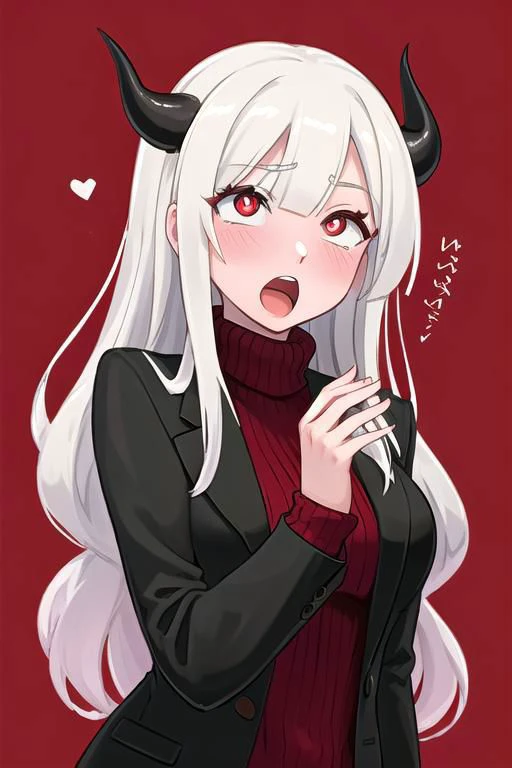 masterpiece, best quality, modeus(helltaker), drooling, formal, black horns, large breasts, open mouth, simple background, red eyes, long sleeves, symbol-shaped pupils, upper body, solo, sweater, white hair, black suit, ribbed sweater, blush, turtleneck, 1girl, heart, jacket, demon horns, horns, heart-shaped pupils, red sweater, red background, looking at viewer, own hands together, suit, demon girl