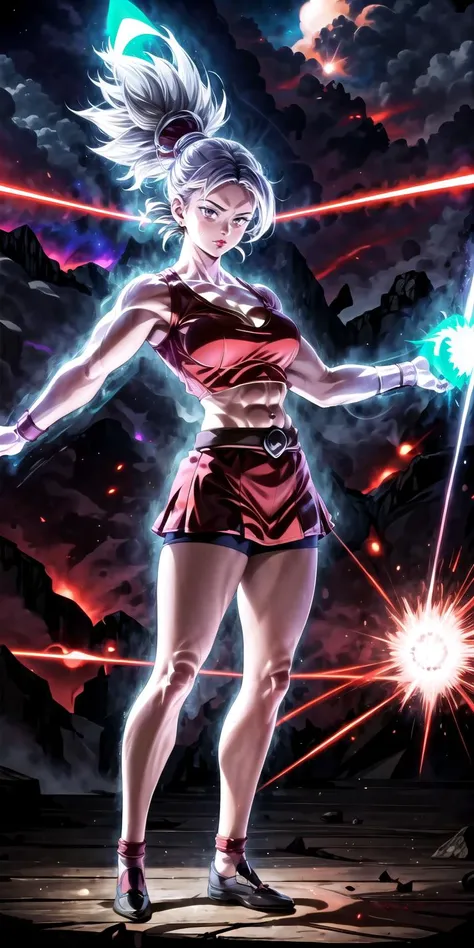 masterpiece:1.5, best quality:1.5, aesthetic, 1girl, sidelocks, cinematic lighting, sharp focus,huge breasts , mature female, horny ,16k, detailed pupils, detailed 4k eyes,
playground,seduction,sexy lips, parted lips,detailed lips
, high detailed background,parted lips,
1girl, (red lips:1.3) ,night,outdoors, detailed background,volcano in background, volcano eruption, lightning clouds,
ultrainstinct,aura,power-up, ,calm, (aura surrounding body:1.4),silver hair, silver eyebrows,grey eyes,exposed muscle,tall female,muscular female,wide shoulders, giant female, close-up,, full body, veiny arms, looking at viewer, power-up pose,
defKale, ponytail, crop top, bracer, red skirt, shorts under skirt, boots, cleavage, (divine aura:1.5),divine energy, (enegy blast from hand:1.5),
<lora:add_detail:1> <lora:ultrainstinct_v3_offset:1> <lora:kale-nvwls-v1:0.7>
