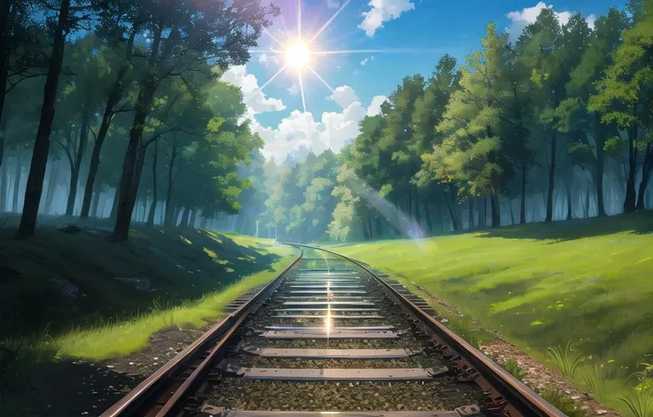 masterpiece, best quality, aesthetic, forest, grass, blue sky, cloud, outdoors, no humans, nature, scenery, railroad tracks, sunlight, sunbeam, lens flare, cinematic lighting, professional shadow