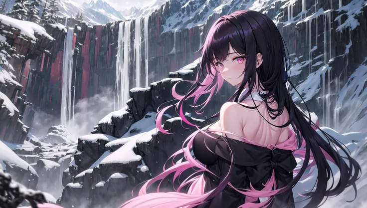 masterpiece, best quality, 1girl, solo, pink eyes, black hair, low-tied long hair, pink dress, collared dress, large breasts, (upper body), from behind, looking at viewer, (waterfall, snow mountains), cinematic lighting, professional shadow <lora:Vibrance:0.15>