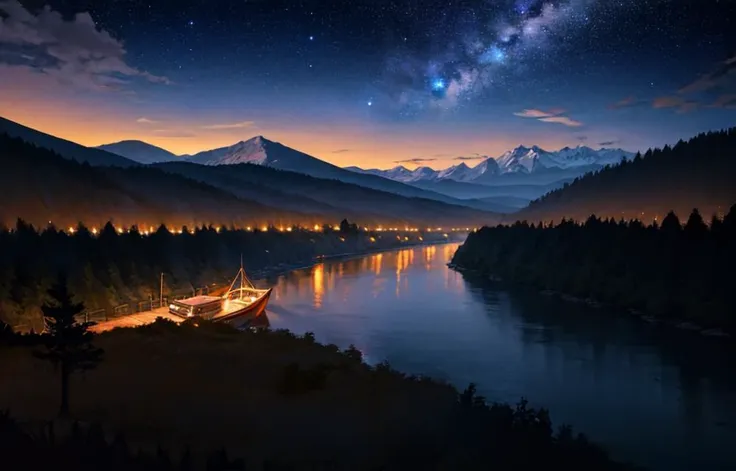 masterpiece, best quality, aesthetic, no humans, starry night, milky way, cloud, night sky, river, waves, wooden boat, mountainous horizon, dark, outdoors, nature, scenery, wide shot, cinematic lighting, professional shadow