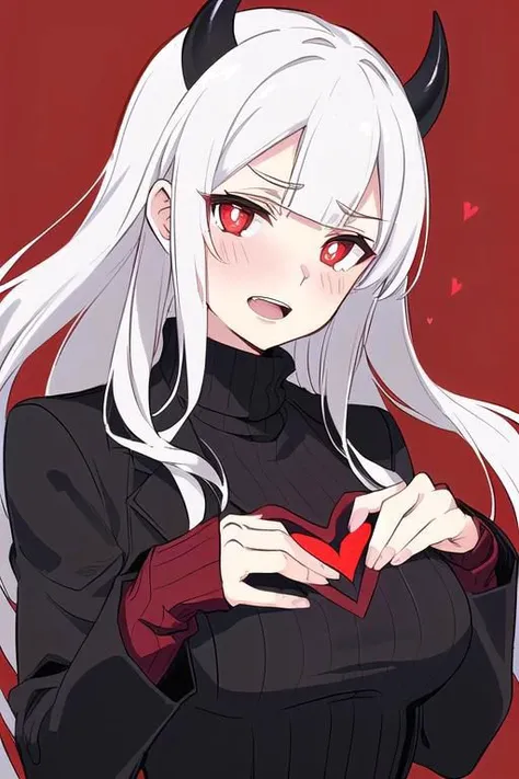 masterpiece, best quality, modeus(helltaker), drooling, formal, black horns, large breasts, open mouth, simple background, red eyes, long sleeves, symbol-shaped pupils, upper body, solo, sweater, white hair, black suit, ribbed sweater, blush, turtleneck, 1girl, heart, jacket, demon horns, horns, heart-shaped pupils, red sweater, red background, looking at viewer, own hands together, suit, demon girl, anime