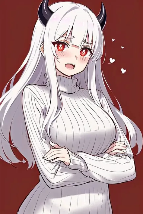 masterpiece, best quality, modeus(helltaker), drooling, formal, black horns, large breasts, open mouth, simple background, red eyes, long sleeves, symbol-shaped pupils, upper body, solo, sweater, white hair, black suit, ribbed sweater, blush, turtleneck, 1girl, heart, jacket, demon horns, horns, heart-shaped pupils, red sweater, red background, looking at viewer, own hands together, suit, demon girl, anime