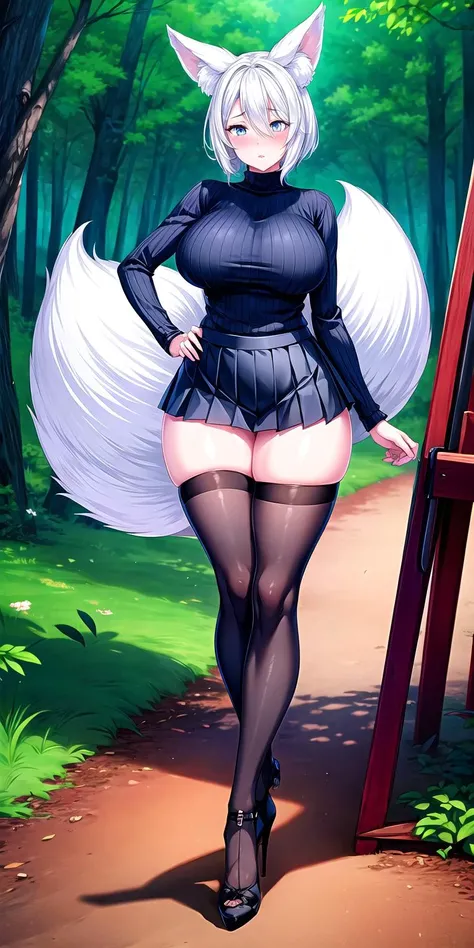 masterpiece:1.5, best quality:1.5, aesthetic, 1girl, solo, sidelocks, ((upper body)), looking at viewer, cinematic lighting, sharp focus, huge breasts , mature female, horny ,16k, glowing eyes, detailed 4k eyes,standing, high heels, thick arms, thick thighs, thick body,
playground,seduction,sexy lips, ,luluone,detailed forest, close-up,
animal ears, thighhighs, breasts, skirt, tail, solo, fox ears, fox tail, blue eyes, sweater, hair over one eye, pleated skirt, blush, hand on hip, full body, large breasts, white hair, short hair
<lora:add_detail:1> <lora:Lulu:0.5>