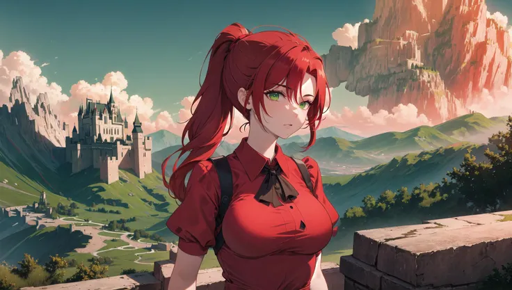 masterpiece, best quality, 1girl, solo, green eyes, red hair, high ponytail, red dress, collared dress, large breasts, (upper body), straight-on, looking at viewer, (castle, mountainous horizon), cinematic lighting, professional shadow <lora:Vibrance:0.15>