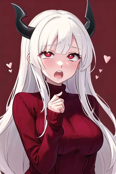 masterpiece, best quality, modeus(helltaker), drooling, formal, black horns, large breasts, open mouth, simple background, red eyes, long sleeves, symbol-shaped pupils, upper body, solo, sweater, white hair, black suit, ribbed sweater, blush, turtleneck, 1girl, heart, jacket, demon horns, horns, heart-shaped pupils, red sweater, red background, looking at viewer, own hands together, suit, demon girl