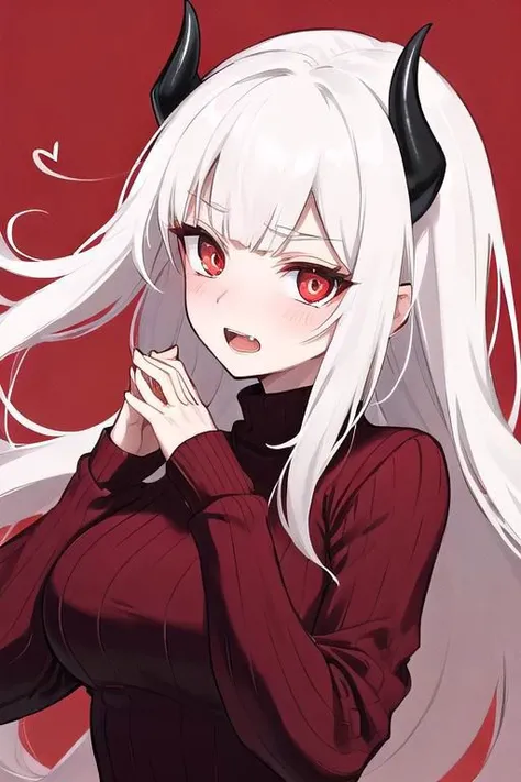 masterpiece, best quality, modeus(helltaker), drooling, formal, black horns, large breasts, open mouth, simple background, red eyes, long sleeves, symbol-shaped pupils, upper body, solo, sweater, white hair, black suit, ribbed sweater, blush, turtleneck, 1girl, heart, jacket, demon horns, horns, heart-shaped pupils, red sweater, red background, looking at viewer, own hands together, suit, demon girl