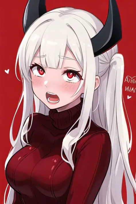 masterpiece, best quality, modeus(helltaker), drooling, formal, black horns, large breasts, open mouth, simple background, red eyes, long sleeves, symbol-shaped pupils, upper body, solo, sweater, white hair, black suit, ribbed sweater, blush, turtleneck, 1girl, heart, jacket, demon horns, horns, heart-shaped pupils, red sweater, red background, looking at viewer, own hands together, suit, demon girl