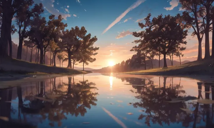 masterpiece, best quality, aesthetic, highres RAW photo, landscape photography, wide shot, from below, scenery, sunrise, blue sky, clouds, lake, reflection, sun, trees, floating leaves, ripples, foreground interest, depth of field, cinematic lighting, asymmetric composition, professional shadows, sharp focus, lens flare