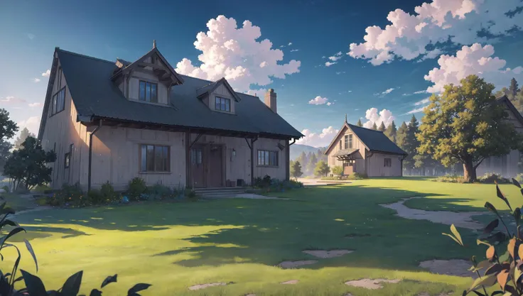 masterpiece, best quality, highres, scenery, nature, grass, house, day, sky, cloud, outdoors, (no humans), cinematic lighting, professional shadow <lora:Vibrance:0.15>
