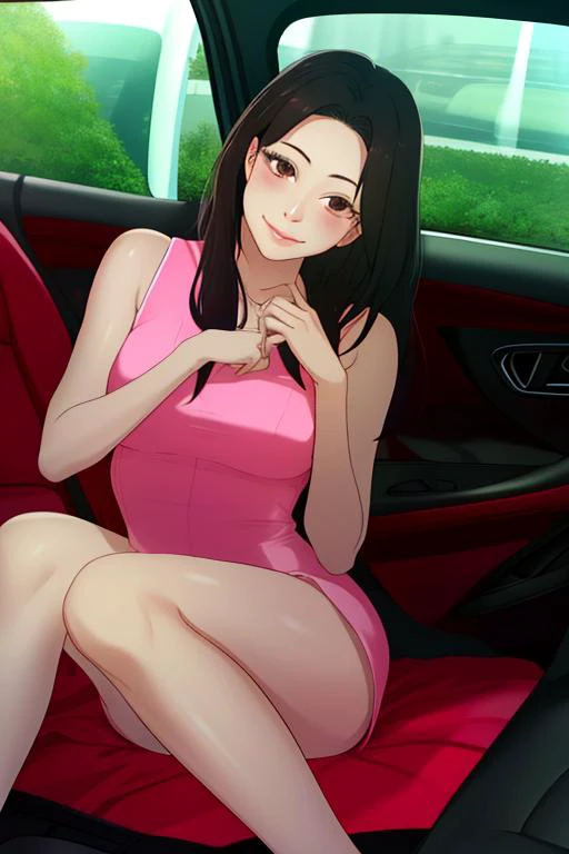 absurdres,solo,black hair,solo,long hair,black hair,car,looking at viewer,motor vehicle,dress,sitting,ground vehicle,pink dress,lips,sleeveless,smile,realistic,brown eyes,clothes writing,black eyes,closed mouth,car interior,short dress,<lora:AuntJuneV3:0.95>,
