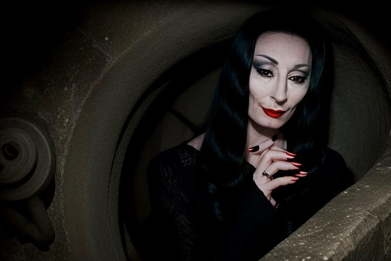 Morticia,
8k wallpaper,displayed,realistic,natural lighting,intricate details, Close-up shot, Raglan Sleeve Shirts, annoyed, in sewer, Catch light,
<lora:Morticia_v1:1>