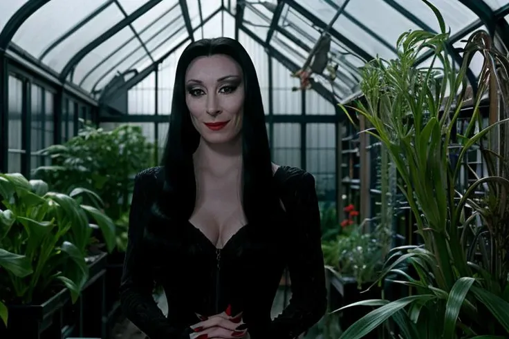 Morticia,
pic,detailed,epic character composition,natural lighting,photorealistic, upper body, teasing smile, in greenhouse, Rembrandt lighting,
<lora:Morticia_v1:1>