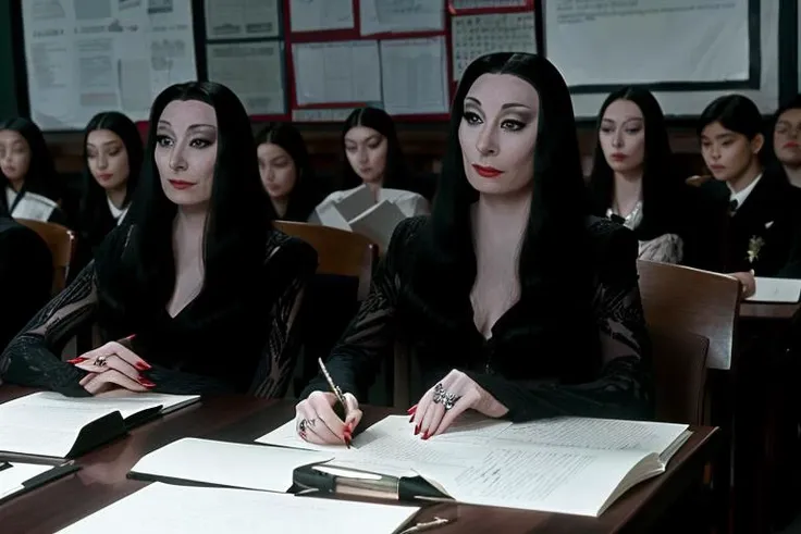 Morticia,
ultra-detailed,RAW photo,best quality,Fujifilm XT3,ultra high res, Zooming out, panicking,   in classroom,   faint light, 
<lora:Morticia_v1:1>