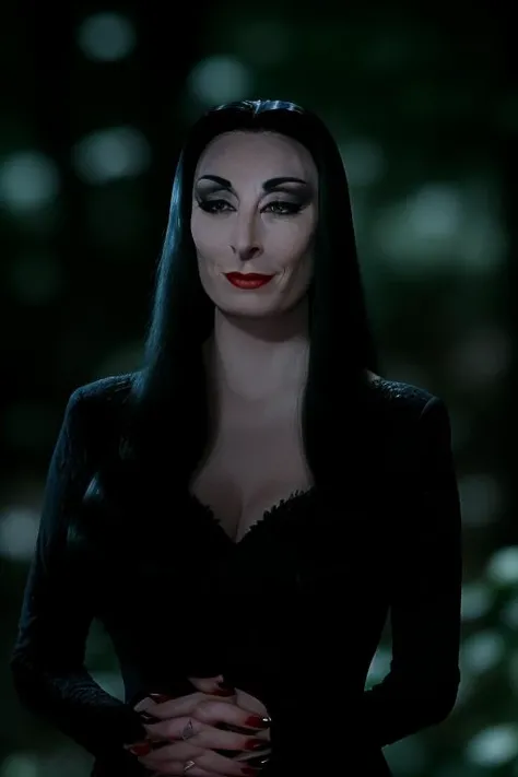Morticia,
ery sharp photo,8k uhd,sharp focus,f/1.4,RAW photo, Candid shot, Work Shirts,  disdain,   in nature,   Lens flare, 
<lora:Morticia_v1:1>