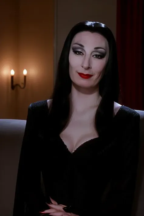 Morticia,
high quality,portrait,candid portrait,skin texture,beautiful eyes, Candid shot, smile, on couch, Rembrandt lighting,
<lora:Morticia_v1:1>