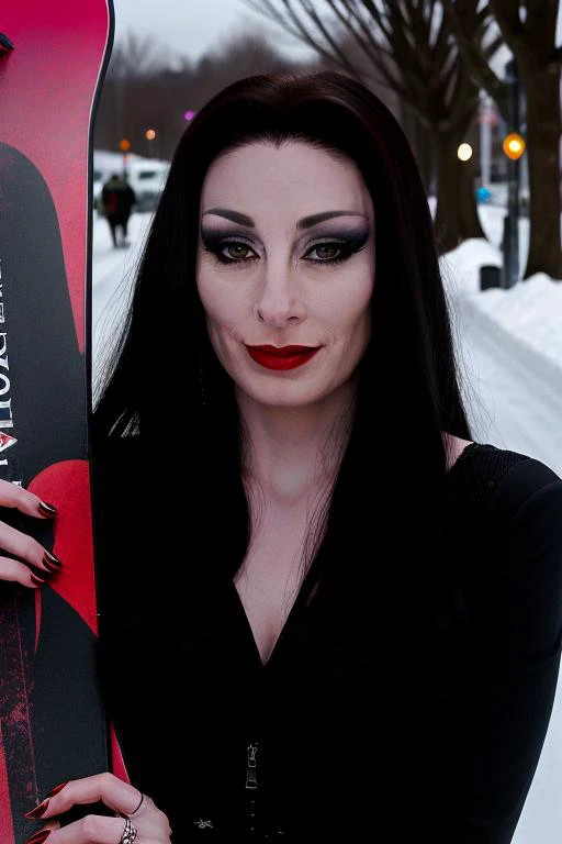 Morticia,
beautiful eyes,hyperrealistic,sony a7,RAW photo,displayed, Close-up shot, Snowboard Jackets, happy, in avenue, Catch light,
<lora:Morticia_v1:1>