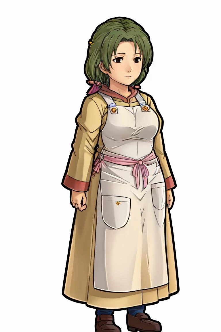 (masterpiece, best quality, beautiful detailed eyes, intricate details), 4k, pink hair, 1girl, solo, standing, full body, white background, (curvy:1.15), (motherly:1.2), <lora:theresa-snk-richy-v1:1> theresa, ribbon, apron, mature female, (green hair:1.17), brown eyes, hair ornament <lora:PaperMario:0.7> chibi, black eyes