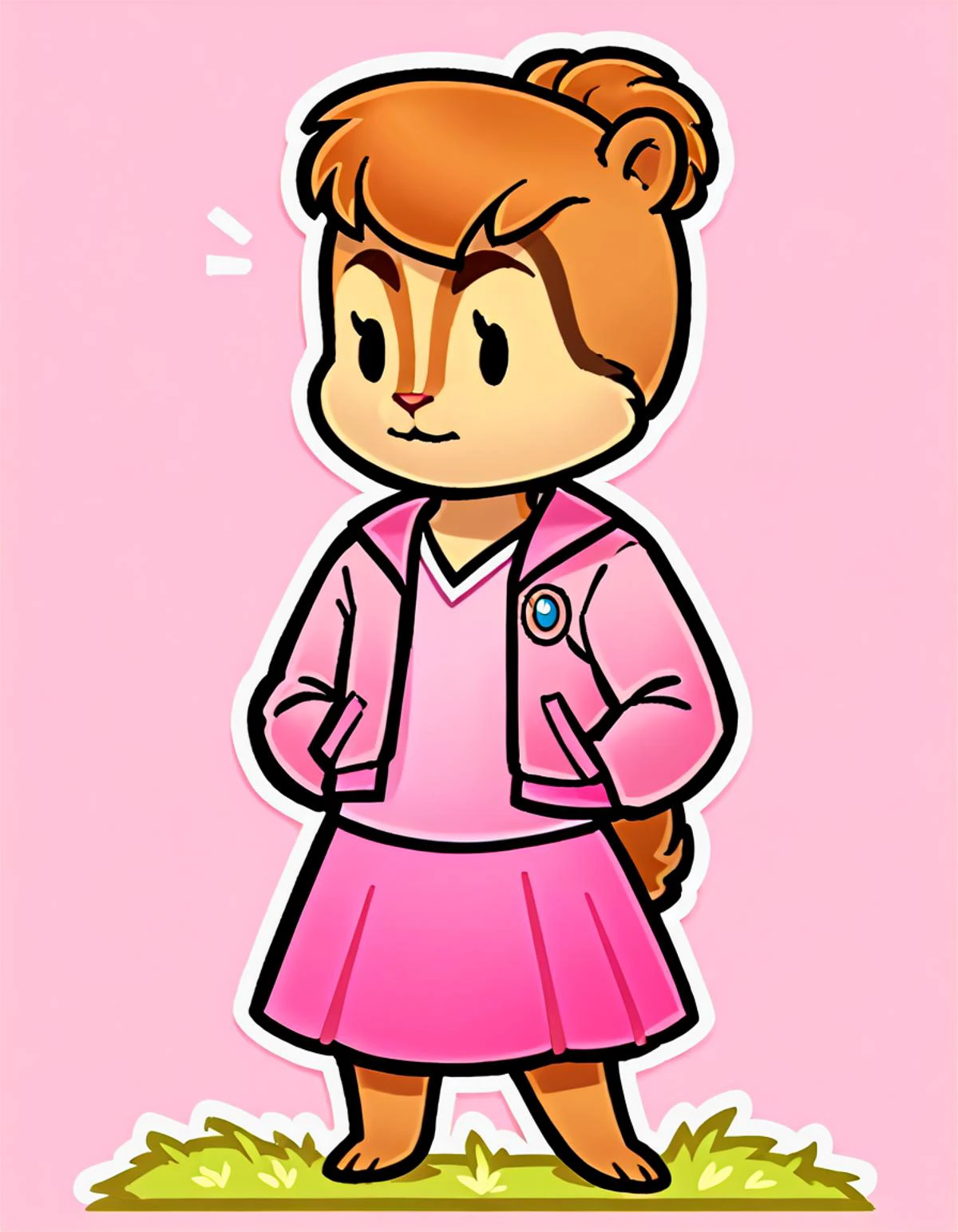 score_9, score_8_up, score_7_up, score_6_up, score_5_up, score_4_up, BREAK
brittany miller, chipmunk, furry, short ears, pink jacket, pink skirt, light pink shirt, standing in grass, solo, chibi, full body