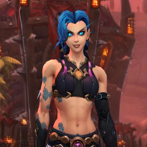 <lora:JinxLol:1>, <lora:WoWSketcherAlpha:0.8>, world of warcraft, void elf, void elf female, grin, skin, JinxLol, mature female,1girl, solo,looking at viewer, navel, gloves, fingerless gloves, character name, midriff, bare shoulders, looking at viewer, gun, crop top, belt, outdoors, pupil