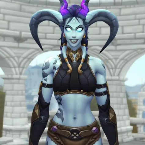 <lora:JinxLol:1>, <lora:WoWSketcherAlpha:0.8>, world of warcraft, dreanei, dreanei female, blue skin, horns, glowing eyes, monster girl, grin, JinxLol, mature female,1girl, solo,looking at viewer, navel, gloves, fingerless gloves, character name, midriff, bare shoulders, looking at viewer, gun, crop top, belt, outdoors, no pupils, body tattoos