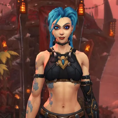 <lora:JinxLol:1>, <lora:WoWSketcherAlpha:0.8>, world of warcraft, human, human female, grin, skin, JinxLol, mature female,1girl, solo,looking at viewer, navel, gloves, fingerless gloves, character name, midriff, bare shoulders, looking at viewer, gun, crop top, belt, outdoors,