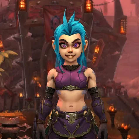 <lora:JinxLol:1>, <lora:WoWSketcherAlpha:0.8>, world of warcraft, gnome female, gnome, grin, JinxLol, mature female,1girl, solo, long hair, looking at viewer, navel, gloves, fingerless gloves, character name, midriff, bare shoulders, looking at viewer, gun, crop top, belt, outdoors, pupil