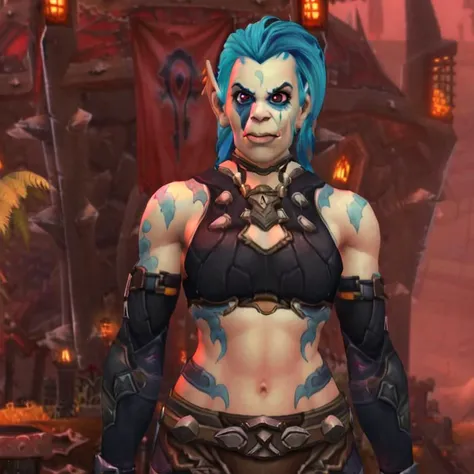 <lora:JinxLol:1>, <lora:WoWSketcherAlpha:0.8>, world of warcraft, orc, orc female, JinxLol, mature female,1girl, solo,looking at viewer, navel, gloves, fingerless gloves, character name, midriff, bare shoulders, looking at viewer, gun, crop top, belt, outdoors, pupil