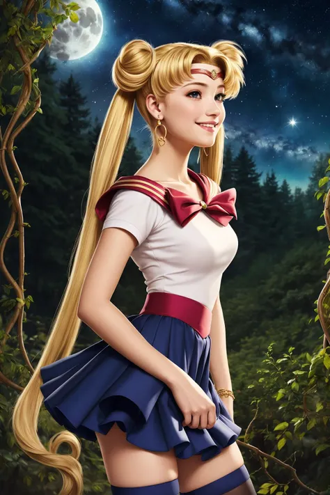 (solo, 1girl), (absurdres, ,highres, official wallpaper, poster), (masterpiece, best quality:1.2), (illustration, realistic), (perfect details, highest detailed, extreme detailed), dramatic light, <lora:TsukinoUsagi:0.9>, Tsukino Usagi, (sailor moon, blonde hair, twintails, circlet, jewelry, crescent earrings),(skirt, dress, thighhighs), (forest, vines, full moon, starry sky), (blush, seductive smile, standing)