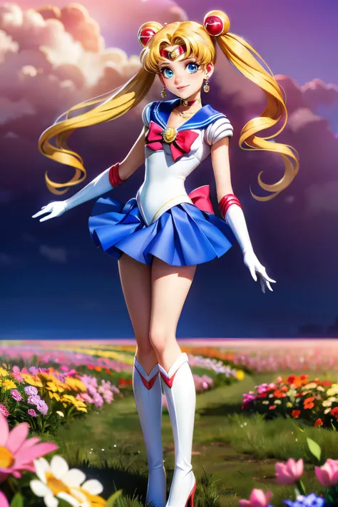 sailormoon, blonde hair, twintails, hair ornament, blue eyes, earrings, circlet, choker, red bow, sailor senshi uniform, blue skirt, white elbow gloves, red boots, looking at viewer, smiling, full body shot, standing, outside, field, pink sky, flowers, high quality, masterpiece, <lora:TsukinoUsagi:.8>