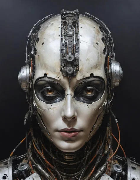 <lora:mshn:0.7>, mshn robot, nousr, a fine art painting of a beautiful woman, biomechanical, hyper realistic, steel, intricate design, insanely detailed, fine details, Extremely sharp lines, cinematic lighting, Photo realistic, a detailed masterpiece, <lora:add_detail:0.6>