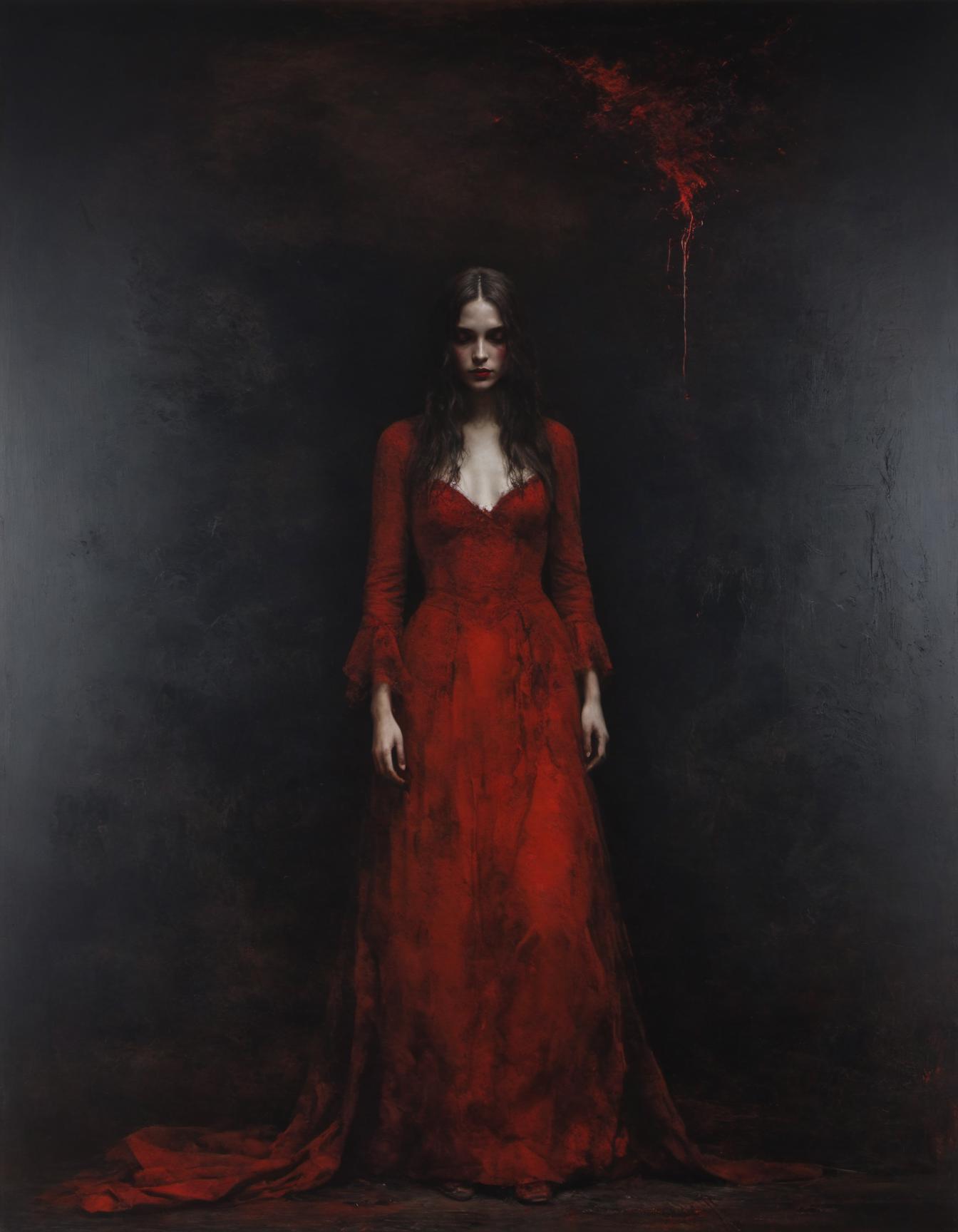 A painting of a woman in a red dress standing in a dark room - SeaArt AI