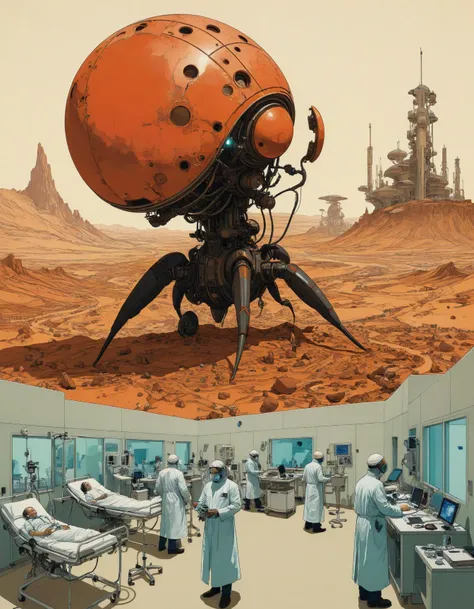 by Jean-Baptiste Monge and Tomer Hanuka, (biogenetic,  otherworldly, bizarre, advanced, extraterrestrial,  Mars Colony Hospital, Medical facility with advanced equipment, surgical theaters, and specialized treatment areas.:1.4), hyper detailed, poster art, bold lines, expressive drawing,  award winning, (intricate details, masterpiece, best quality:1.4),
looking at viewer, dynamic pose
<lora:add-detail-xl:1> <lora:xl_more_art-full_v1:0.5>  <lora:NicolaSamori:0.5> in the style of nicola samori <lora:looking_at_viewer:2>