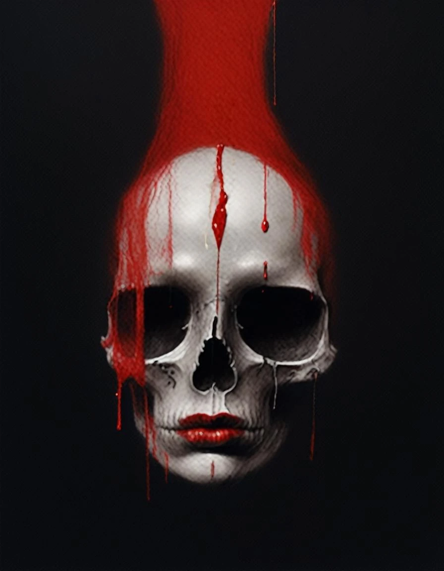 painting of a giant skull with a woman's fleshy  mouth bright red bloody lips, dripping lipstick plump lips , (surreal deep black  background:1.2) of parallax space between distorted waves and line drawings , separation of colors,   <lora:NicolaSamori:1.2>  in the style of nicola samori