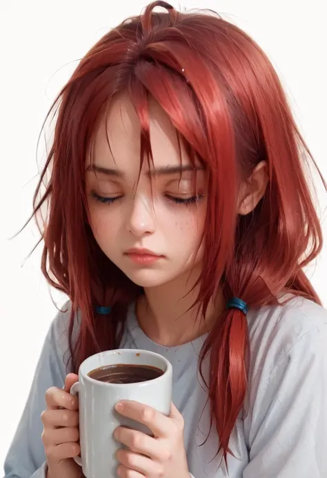 A close-up of a dishevelled girl holding a mug with messy hair, eyes half closed, looking tired, sleepy, long sleeves, white background,
1 girl, us (long hair, red hair, low twintails, blue eyes,, petite build) <lora:UlyanaPonyV1:0.65>
<lora:YabukiKentarou_Pony_V2:0.7><lora:Expressive_H:0.8> <lora:hand 4:0.7> <lora:ph4nt0m01lXLP:0.7>