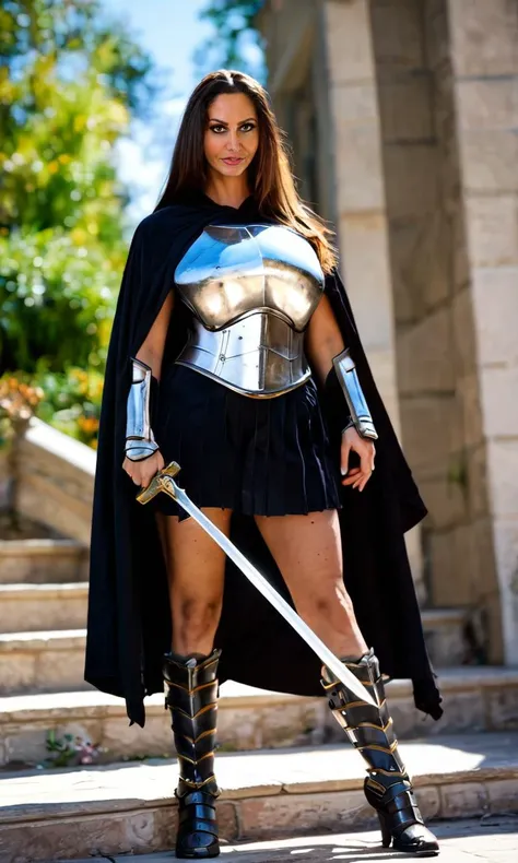 zPDXL2, zPDXLrl, <lora:AvaAddams4:1>, <lora:lowlight:0.3>, AvaAddams, realistic, looking at viewer, safe_rating, full body, full armor, vambrace, pauldron, armored boots, warrior, cape, holding sword,