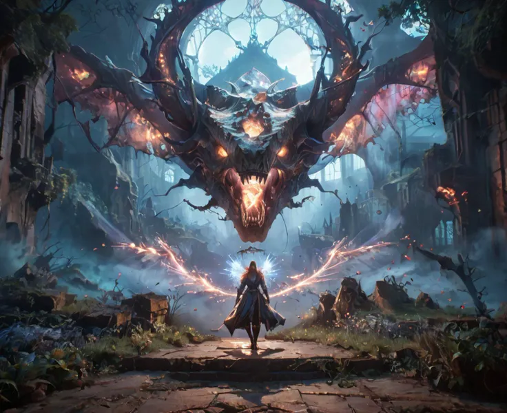 score_9, score_8_up, score_7_up, score_6_up, A cinematic shot of a female angel in radiant armor, soaring through the air with a halo of powerful yellow and silver magical sigils. She is positioned in front of a colossal chthonic spirit, covered in neon sparks, representing Hastur, an eldritch abomination. In the background, a mystic, post-apocalyptic medieval village is illuminated by the sunrise and a blue sky. The scene features high contrast and reflective lighting , Bosstyle, creating a high-resolution, photographic-quality masterpiece with raw, striking light.<lora:BossBattleSpiritPony:.8>, <lora:ArsMJStylePony_-_Art_Nouveau:.8>, zPDXLrl