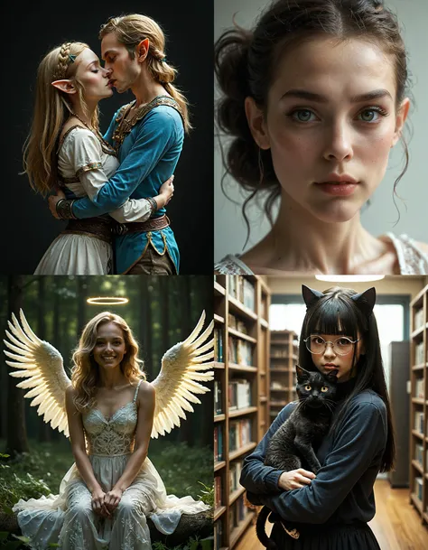 https://civitai.com/articles/5300 ___ All images: score_9, score_8_up, score_7_up ___ 1st image: 1girl, 1boy, Princess_Zelda, \(The_Legend_of_Zelda:_Breath_of_the_Wild\), standing, kiss, hug, closed_eyes ___ 2nd image: 1girl, lovely face, portrait, close-up, looking_at_viewer, closed_mouth ___ 3rd image: 1girl, solo, blonde_hair, wavy_hair, angel, angel_wings, halo, smile, sitting, forest, white_dress ___ 4th Image: 1girl, solo, long_hair, black_hair, blunt_bangs, straight_hair, round_eyewear, cat_girl, cat_ears, cat_tail, standing, hug cat, looking_at_viewer, library