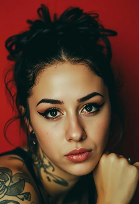 a beautiful female college student goth, 1986, vintage Photobooth, detailed facial features, makeup, wearing eyeliner, scene hair, teased hair, tattoos, artsy, emo, found footage, Montreal, low resolution, quality, grainy effect, natural, imperfections, film grain