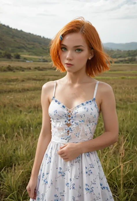 score_9, score_8, score_7, high quality, masterpiece photographic portrait of a pretty girl, 1 girl, Gwendolyn_Tennyson, detailed, perfect pretty face, perfect green eyes, (short orange hair shaved on one side), (blue clip in her hair), petite, lithe, small breasts, strong wind blowing her hair, ((wearing a white boho dress)), wind blowing dress, in grassy field, exterior, warm sunlight, <lora:GwenTenXL:1.0> <lora:BT_Boho_Dress_XL:0.7>