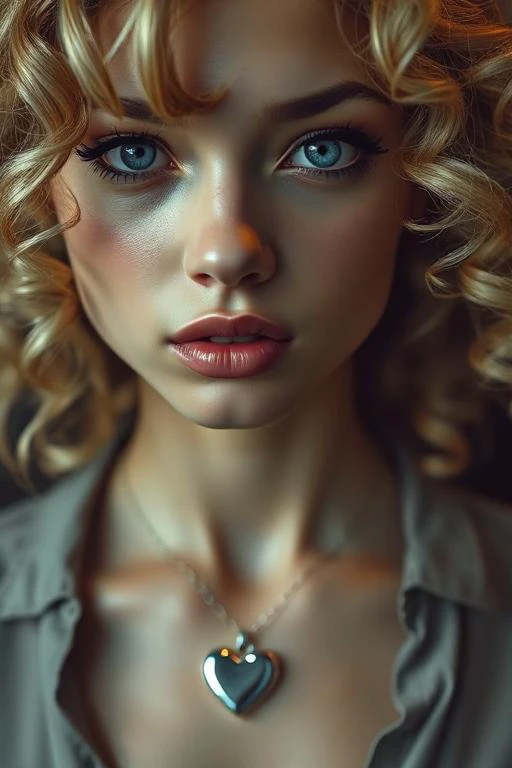 cinematic film still An upper body image of a beautiful young lady with curly blonde hair, hair over one eye, blue eyes, and thin eyeliner. She has thick eyebrows and long eyelashes, long fingernails, and her lips are shiny and full. She wears an amulet heart, rimless eyewear, and a helix piercing. The extreme realism focuses on her detailed skin, showing fine textures and natural highlights.
Her outfit are tight unbuttoned shirt dress
Natural texture on the face and neck, Realistic light reflections on the surface of the eyes, Slightly raised veins visible under the skin on the neck, Subtle veins visible on the eyelids under certain lighting, Realistic reflection of light on the glossy lips, following their curvature, Soft reflections on the necklace, enhancing its metallic look
provocative expression, shallow depth of field, vignette, highly detailed, high budget Hollywood film, bokeh, cinemascope, moody, epic, gorgeous, film grain