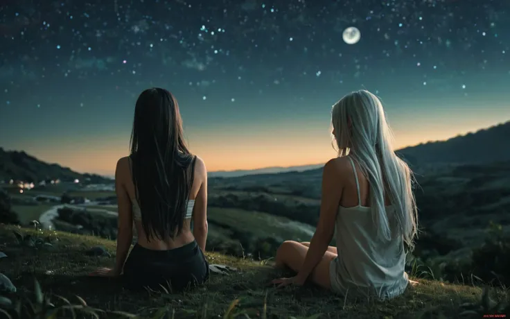 score_9, score_8_up, score_7_up, score_6_up, score_5_up, score_4_up, BREAK, (source_real:1.5),
scenery, landscape, moon, night, starry_sky, blue_theme, from_behind, upper_body
female, (white_hair:1.3), (absurdly_long_hair:1.5), (sitting_on_ground:1.3), casual,
 <lora:CinematicStyle_v1:1.0> <lora:add-detail-xl:2.0> <lora:MJ52:0.5>