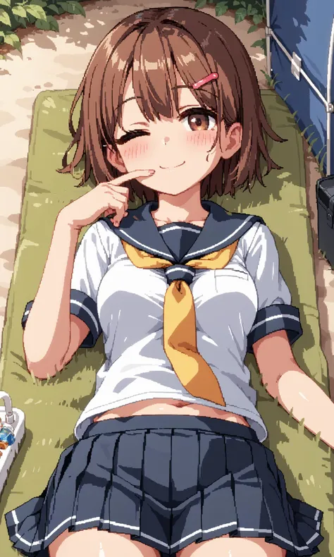 score_9, score_8_up, score_7_up, BREAK source_anime, masterpiece, anime screencap, shiny skin, official style, illustration,
8k, highres, incredibly_absurdres,
insanely detailed, anatomically correct, best perspective,
<lora:Aduare Style Pony:0.35>,
pixel art,
1girl, (Beautiful Breasts, natural breasts:1.2),
smile, one eye closed ,
cowboy shot ,
from below,
sharp focus, colorful,
blush, Drunk ,
looking back,
shushing, finger to mouth,
lying, on back ,
short hair, flat chest, brown eyes, hair ornament, brown hair, hairclip, bangs,
school uniform, skirt, serafuku,short sleeves,yellow neckerchief, pleated skirt, black skirt, shirt, sailor collar,
In the park, in the woods, in a tent,
<lora:Summer_Memoriesãã¾ããã¼_Doujin_OtomeHentai_Game_Art_Style:0.85>