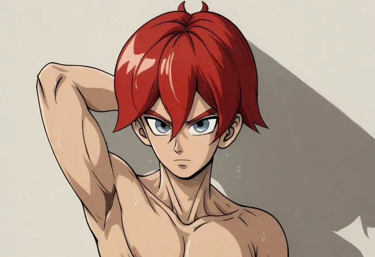 score_9, score_8_up, score_7_up, score_6_up, score_5_up, score_4_up, BREAK source_anime, official style, high quality, 4k, intricate details,, solo, mature male, adult,, AkiroZenshin, red hair, low fade hair, minimal hair lines, minimal lines, minimal hair detail, upper body, wet body, topless, lean body,, posing arm, modeling, arm above head