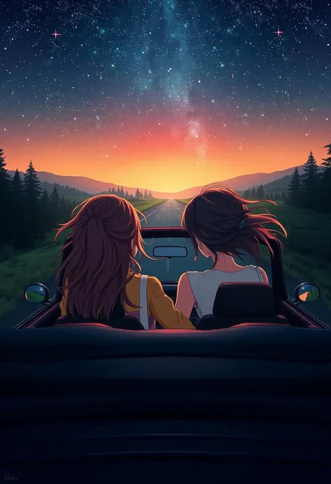 anime, forests and fields and valleys, close up rear view of a car, Two women hugging in a car, nature, background has the effect of a very fast ride, lonesome straight road, convertible car, night, sky with lots of stars, trees, night sky, messy hair, cinematic quality, beautiful colors, mysticism, very rich in detail, abstract art,